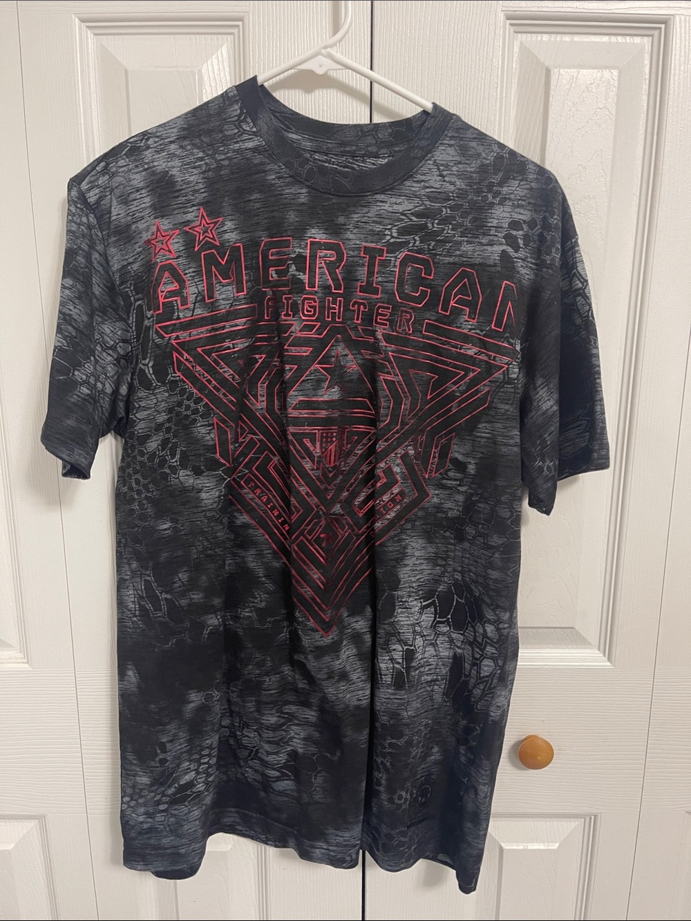 American Fighter Black Tee with Red Geometric Graphic